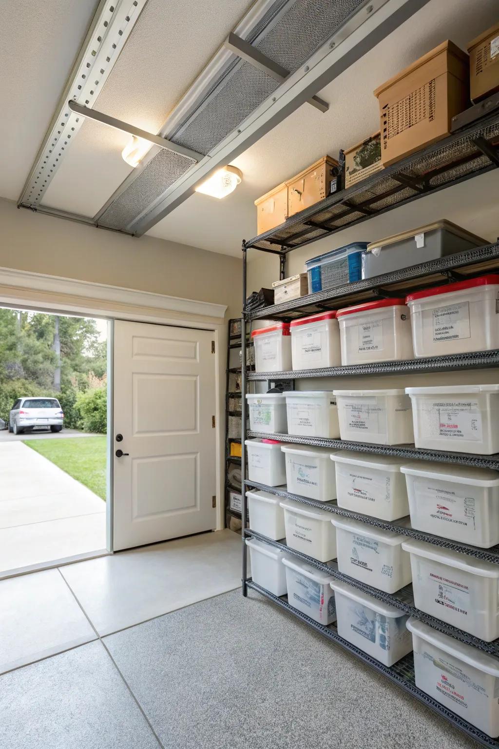 Overhead shelving maximizes vertical space for added storage.