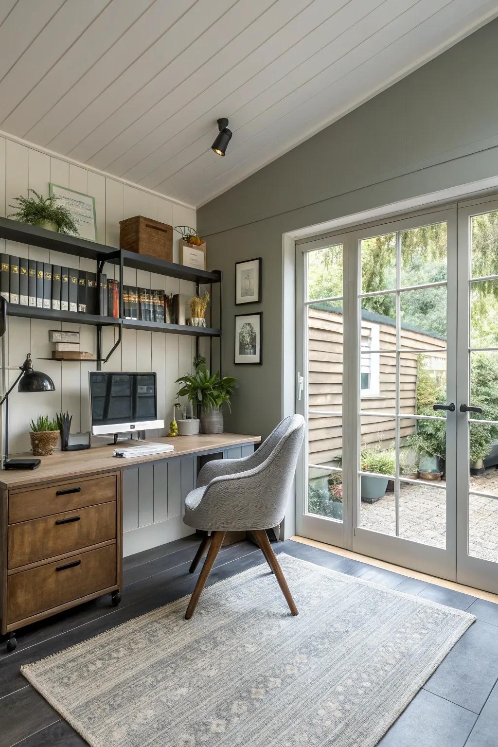 A peaceful home office cleverly positioned within a garage space.