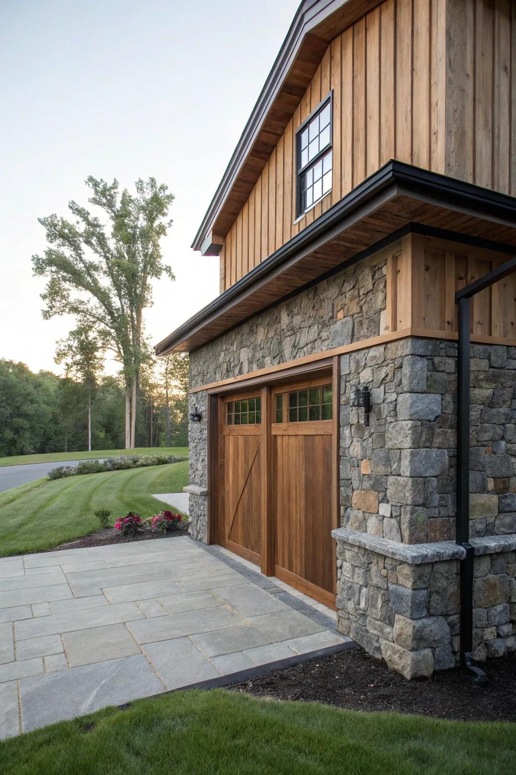 A garage showcasing a refined blend of rock and wood materials.