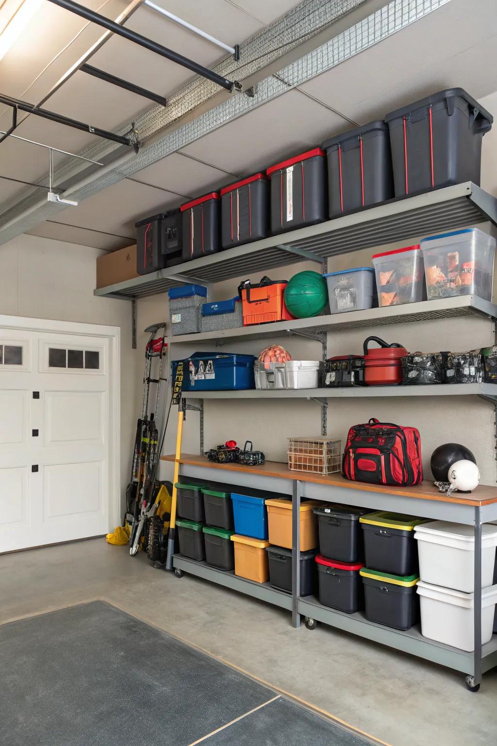 Optimize storage with overhead racks.