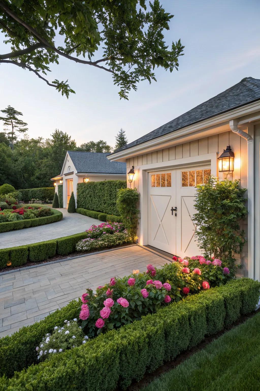 Landscaping that enhances garage trim aesthetics.