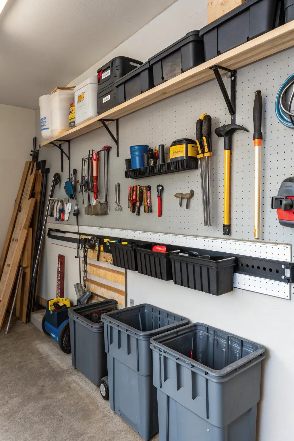 Rail systems offer flexible storage options for garage walls.