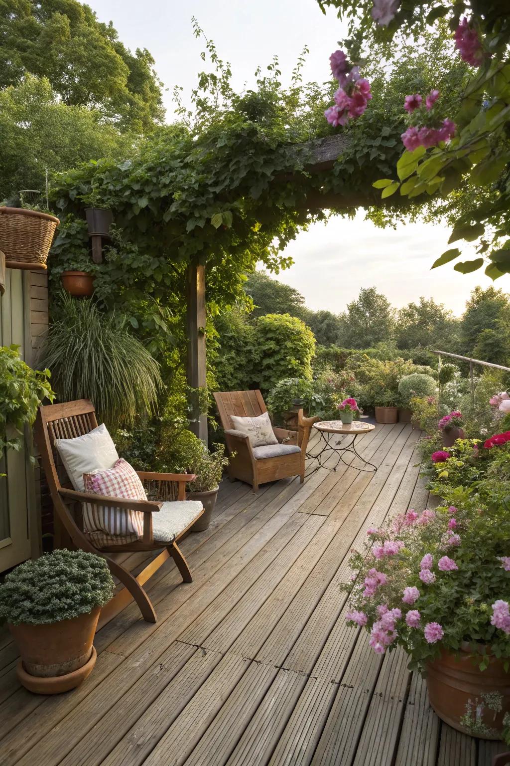 A relaxing garden deck with wooden flooring and cozy seating circled by rich plants.
