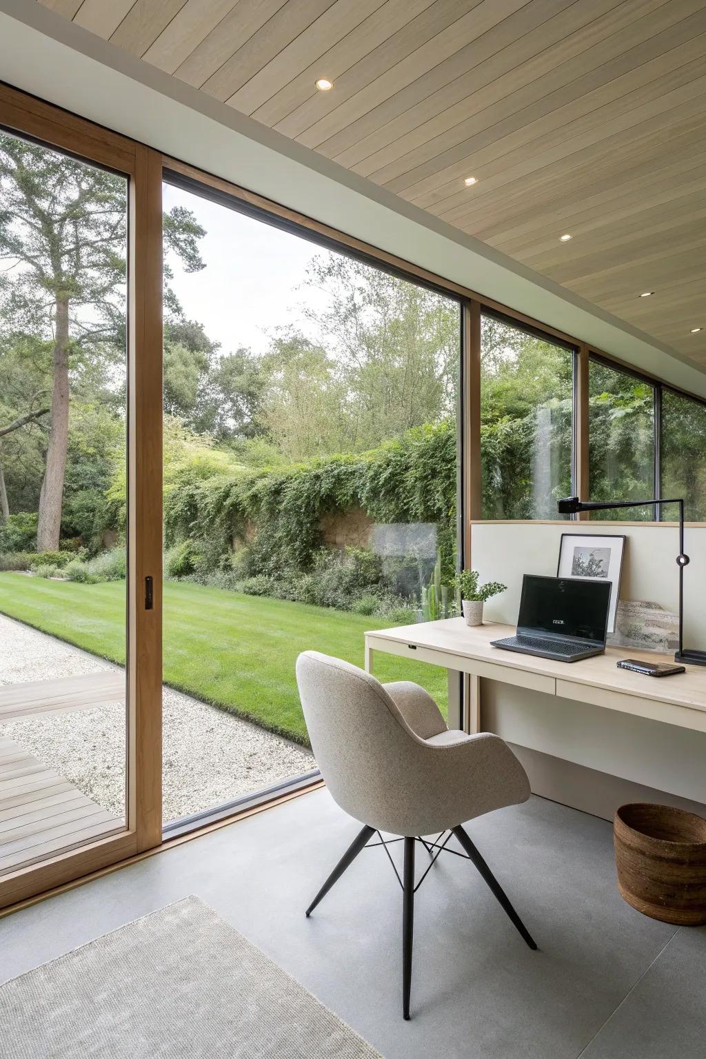 A minimalist garden office, showcasing simplicity and elegance for peak productivity.