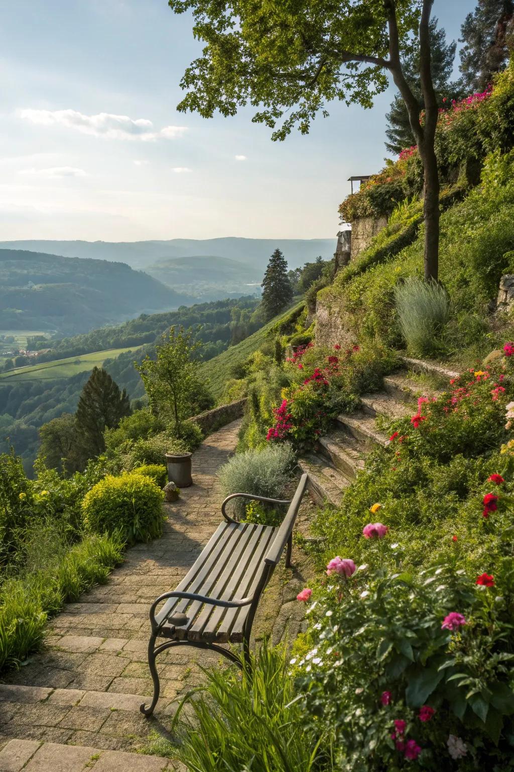 A seating area offers a peaceful vantage point to enjoy a sloped garden.