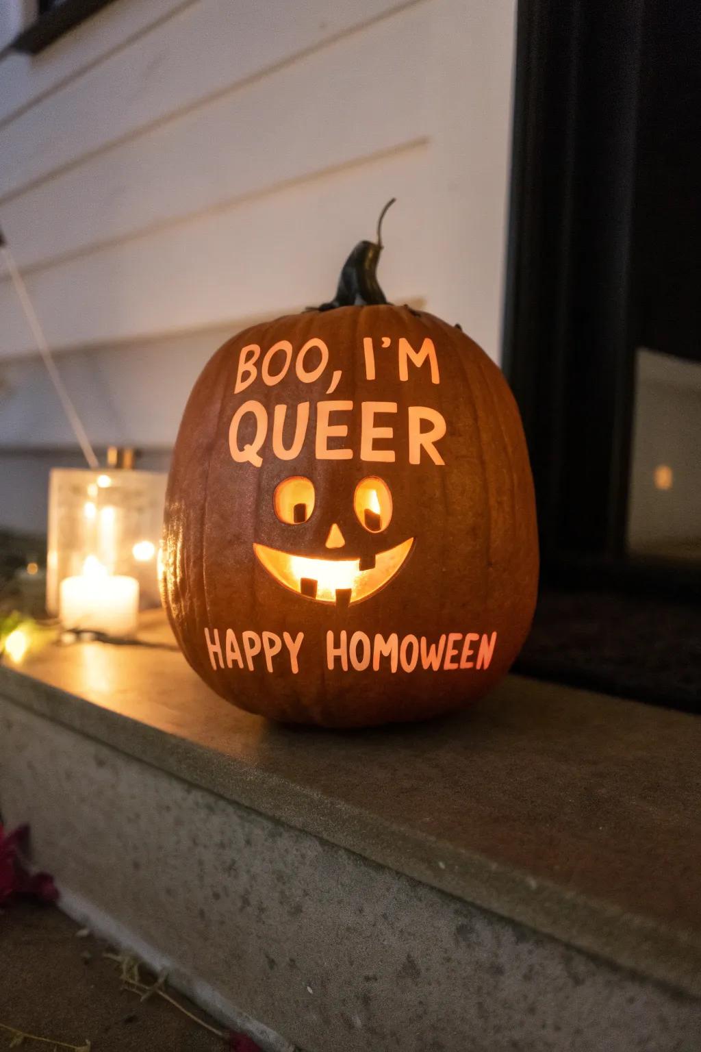 A gourd featuring clever phrases, delivering humor and pride to Halloween festivities.