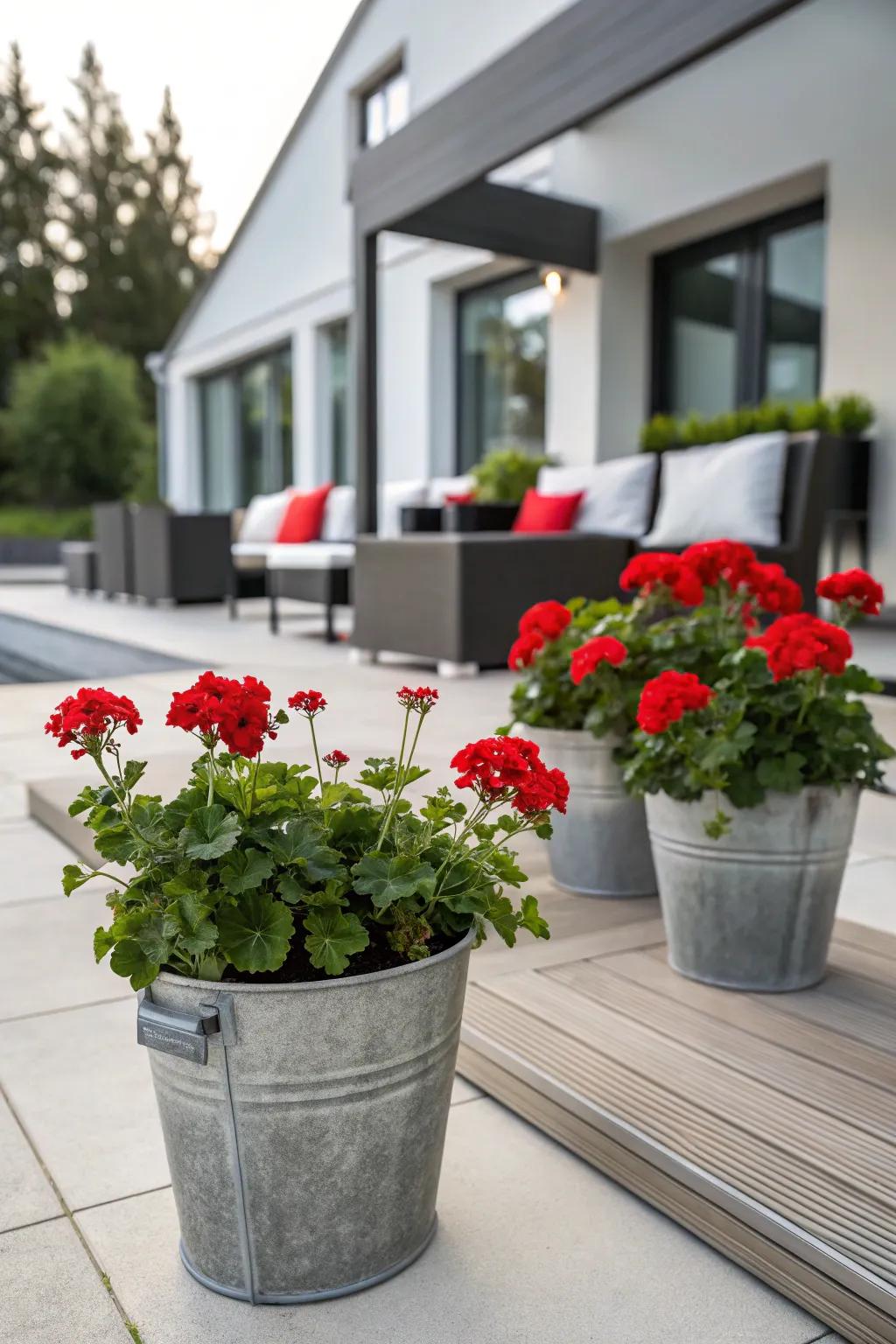Refined steel pails serving as stylish beds for vibrant red geraniums.