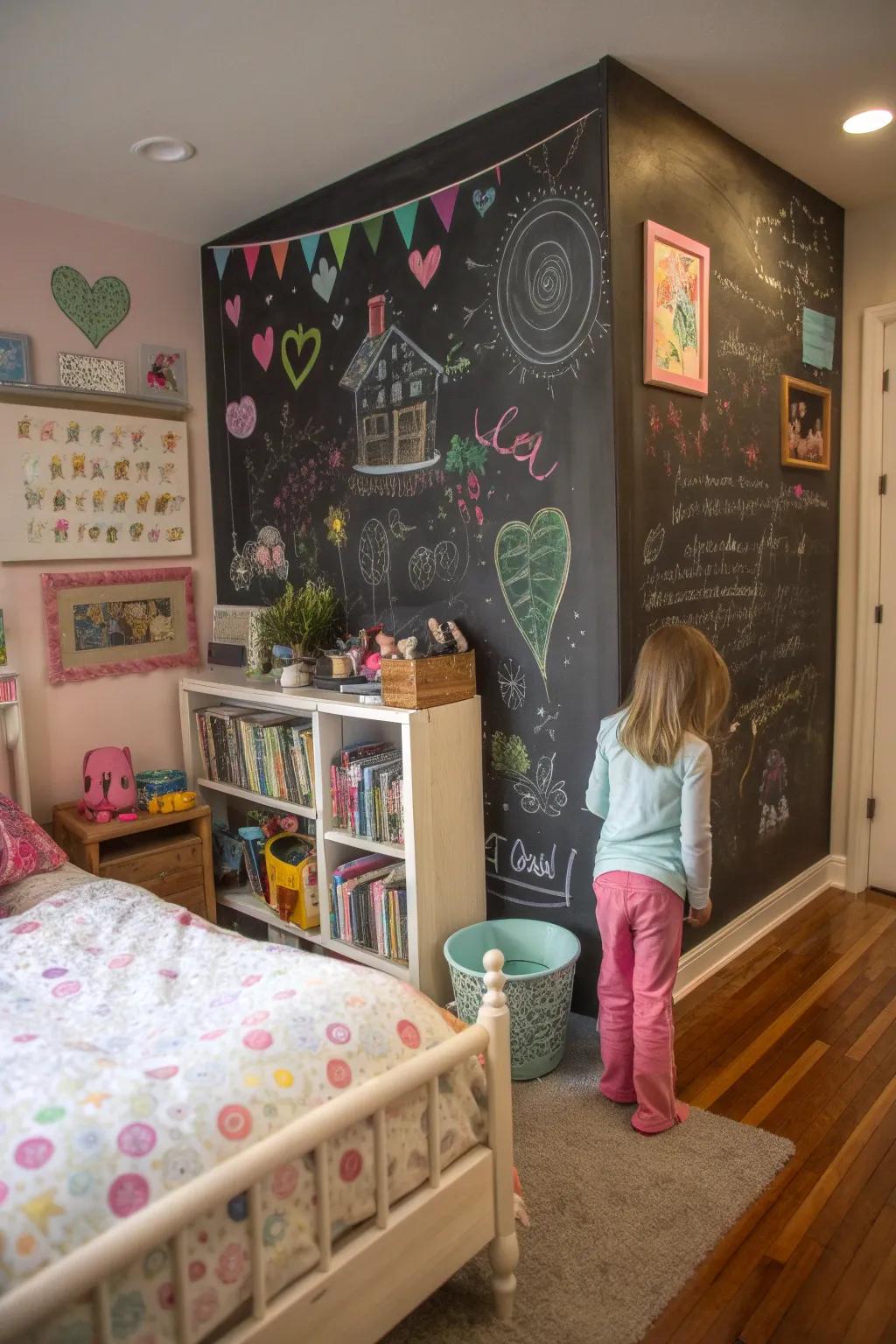 A chalkboard accent wall sparks creativity and personal expression.