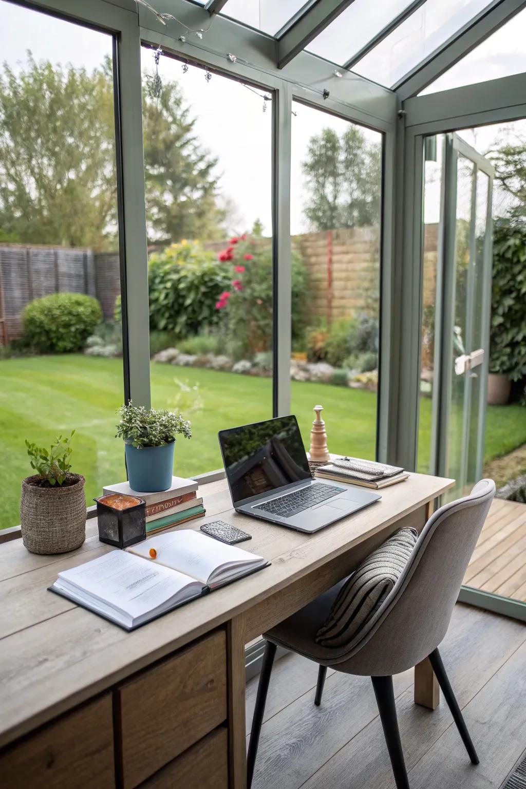 A peaceful home study featuring inspiring views of the garden.