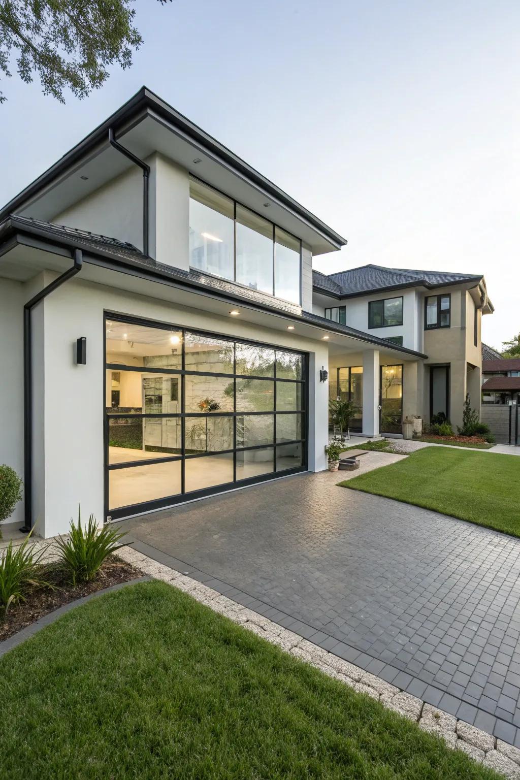A home’s architecture shines through with the help of a glass garage door.