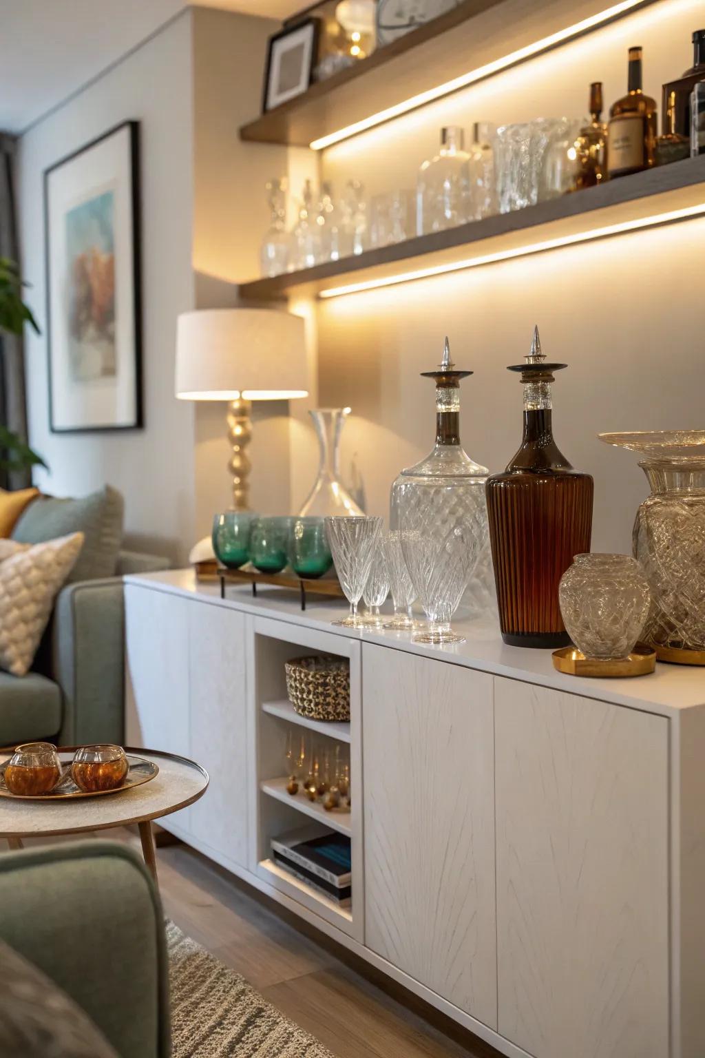 A diverse integration of retro and contemporary glassware on display.