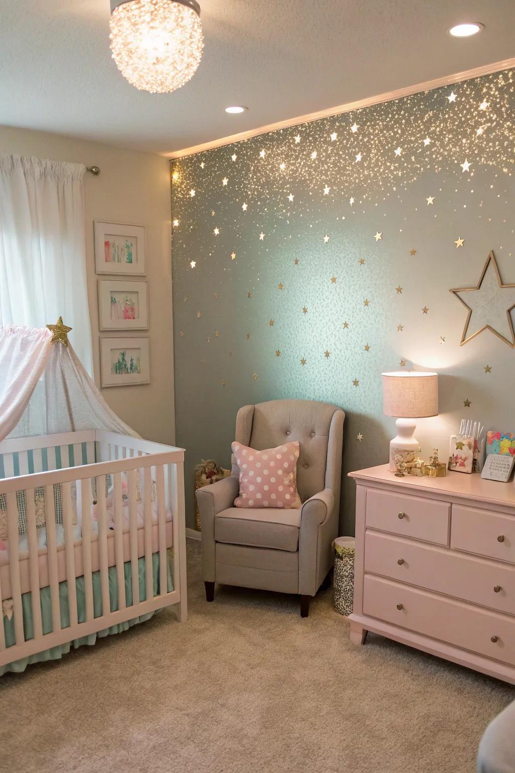 A glitter accent wall infuses magic into a nursery.