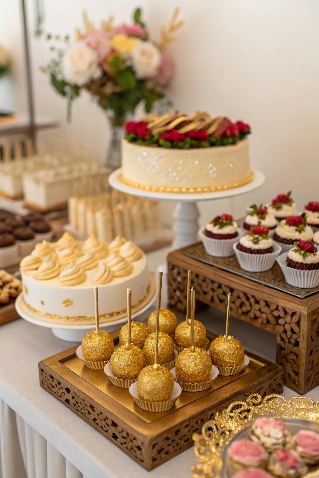Gleaming-decorated confections add an opulent feel to the confection display.