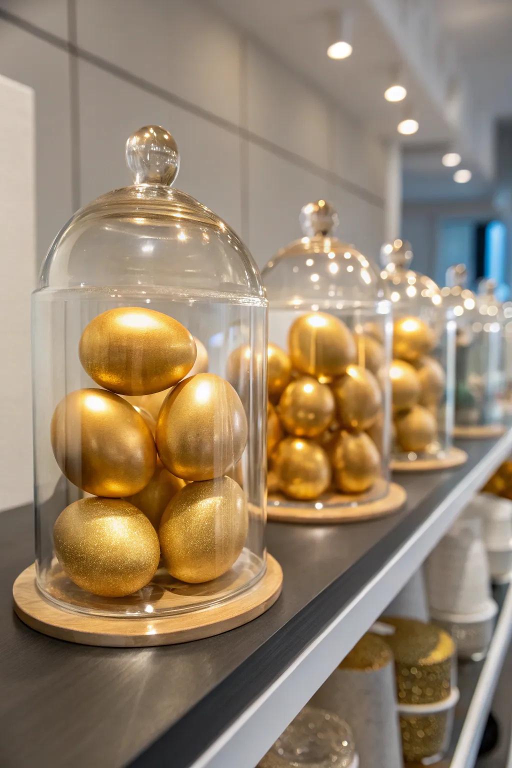 Gilded eggs encased in crystalline vessels infuse an element of contemporary sophistication into your aesthetic.