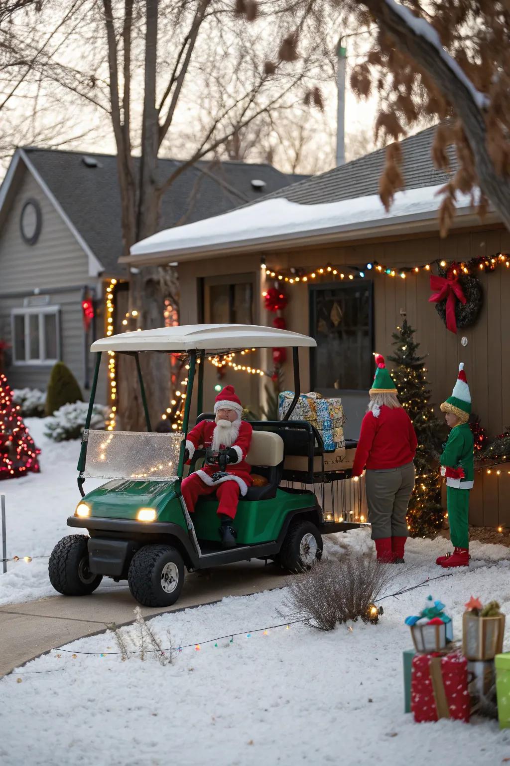 Elves diligently at work on this playful golf cart.