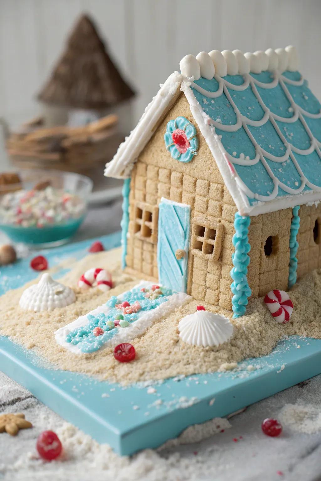 Beach house gingerbread house with a tropical twist.