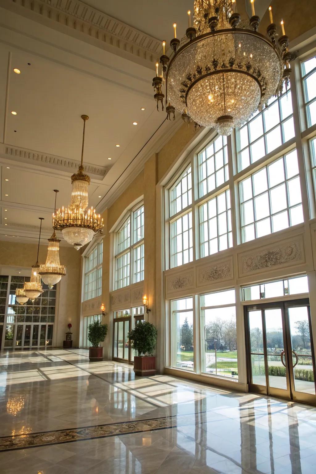A well-illuminated grand entryway with a combination of natural and artificial lighting.