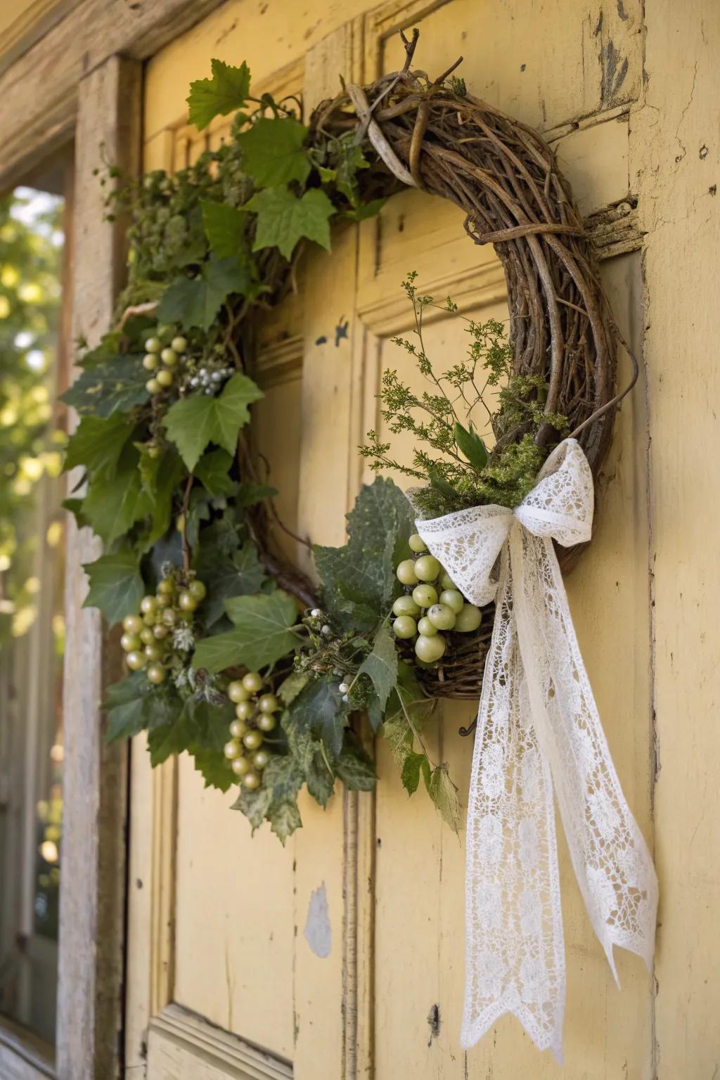 A nostalgic-inspired grapevine wreath presenting trim and baubles.