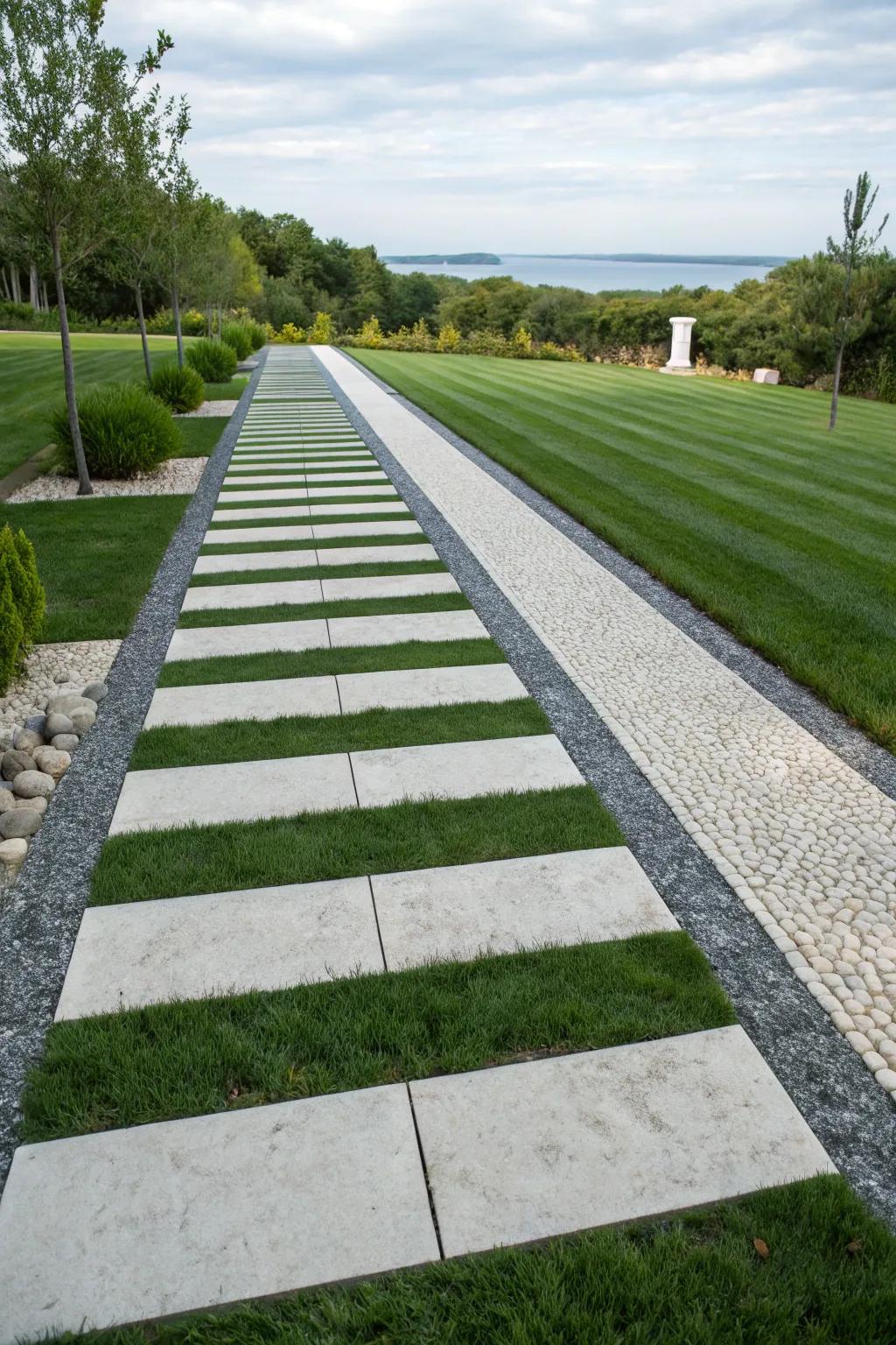 A traditional yet up-to-date striped arrangement featuring grass and stone.