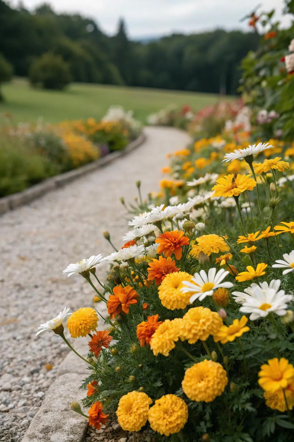 A vivid assortment of flowers amidst a gravel flower bed