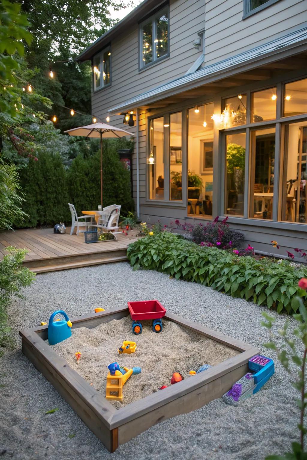A family-friendly gravel patio featuring a designated children's play area.