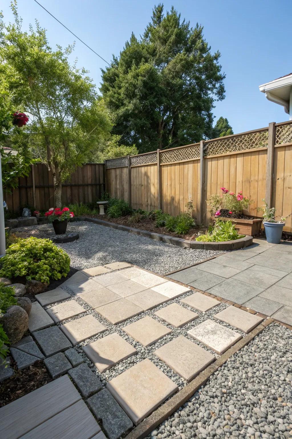 A chic chippings patio with a variety of materials for added flair.