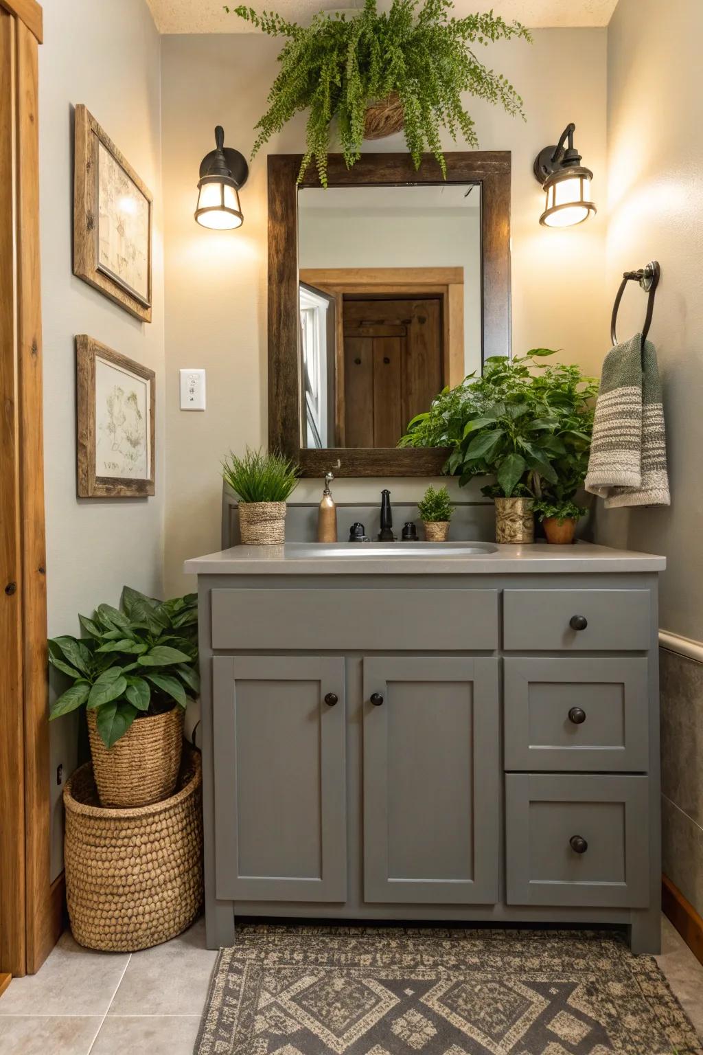 A spa-inspired bathroom features a gray vanity complemented by earthy elements.