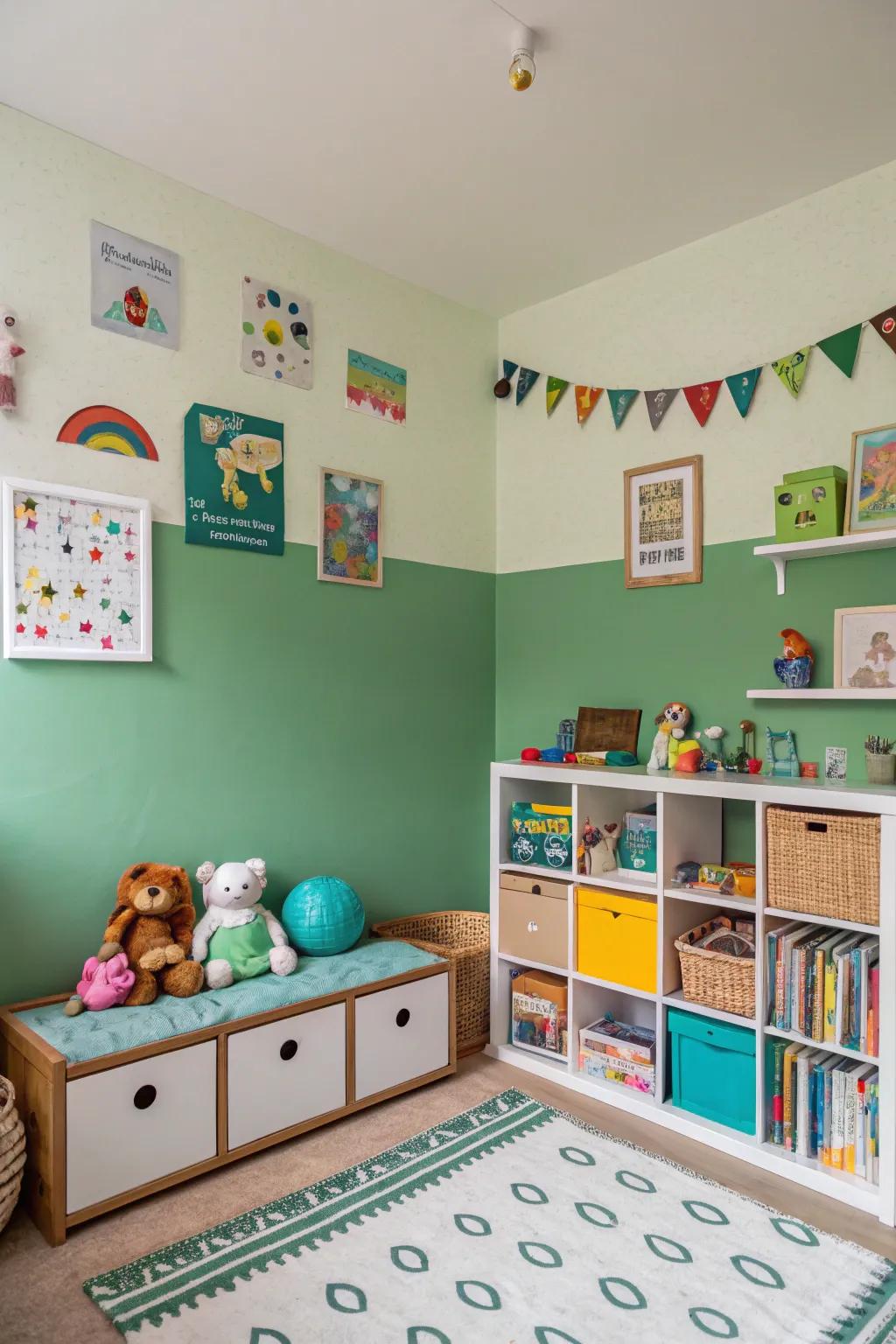 A split-tone green wall introduces playfulness to this children's area.