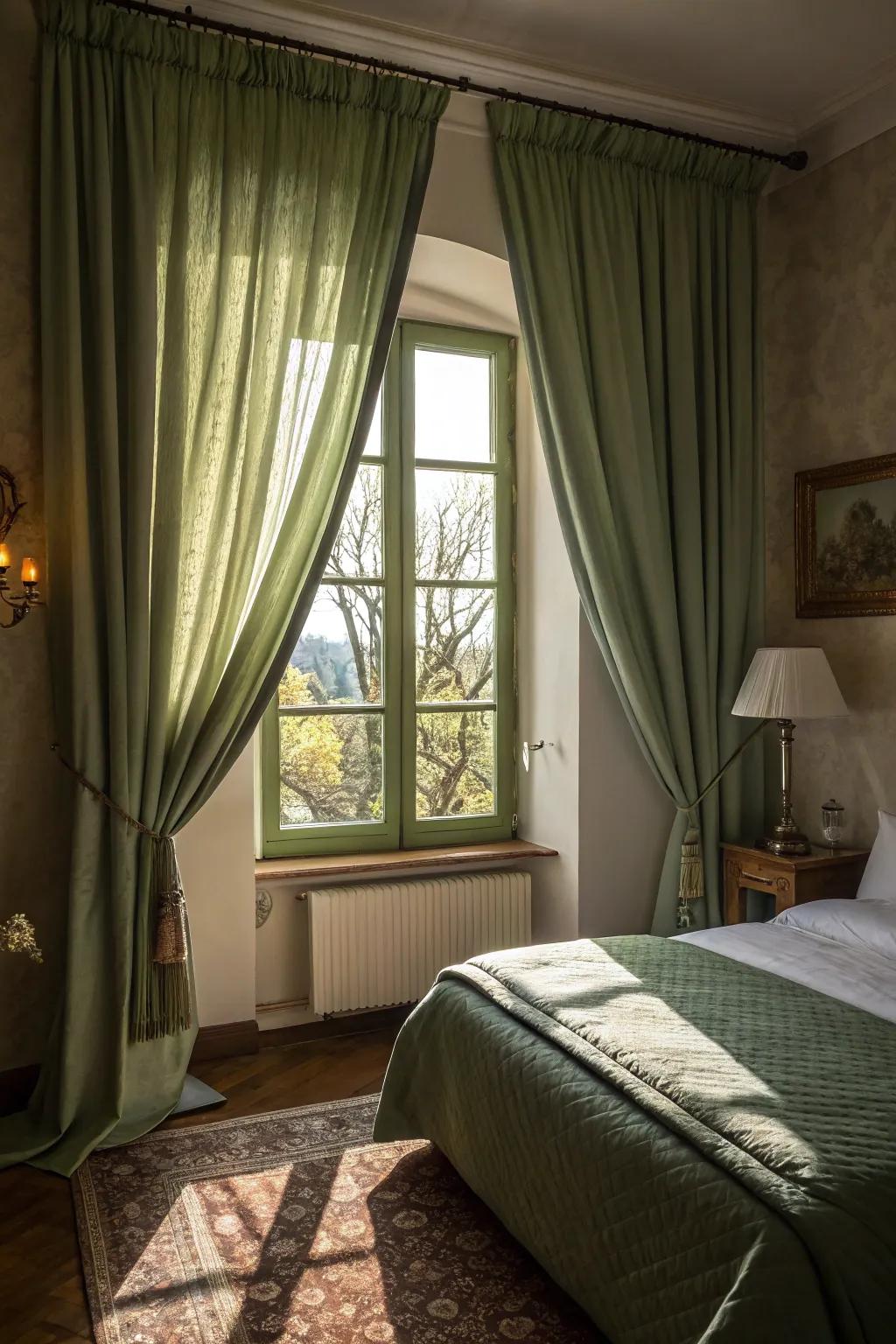 Green drapery contributes elegance and a touch of nature to this inviting bedroom.