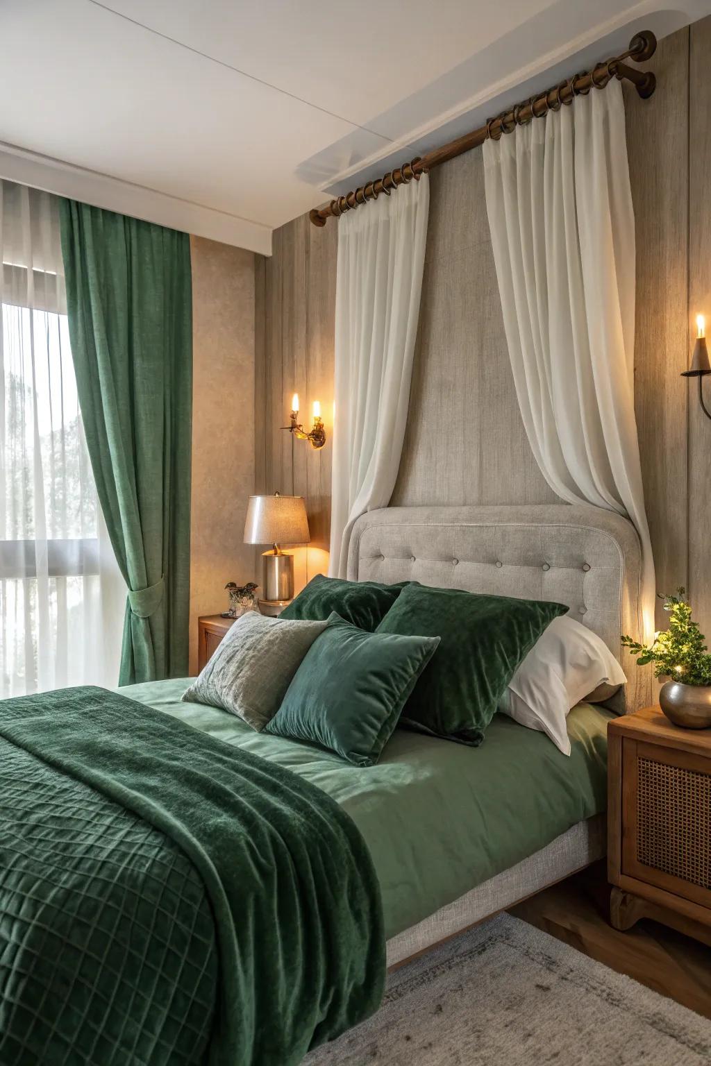 Layered green textiles give the bedroom more warmth and texture.