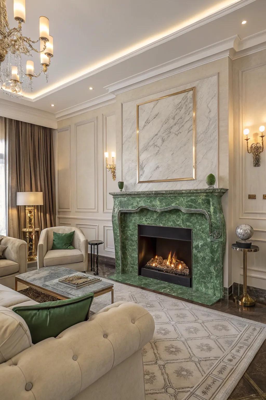 An elegant living room showcasing a sophisticated verdant mineral fireplace.