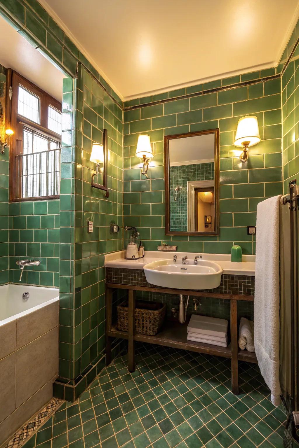Lighting enhances the natural beauty of green tiles.