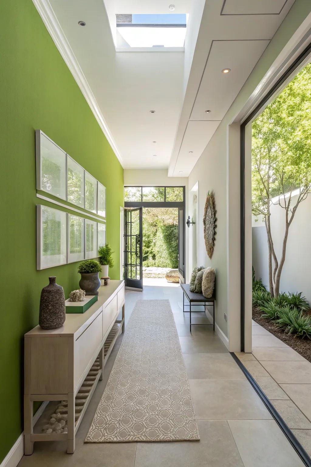 A neat and up-to-date entryway featuring a vibrant green wall.