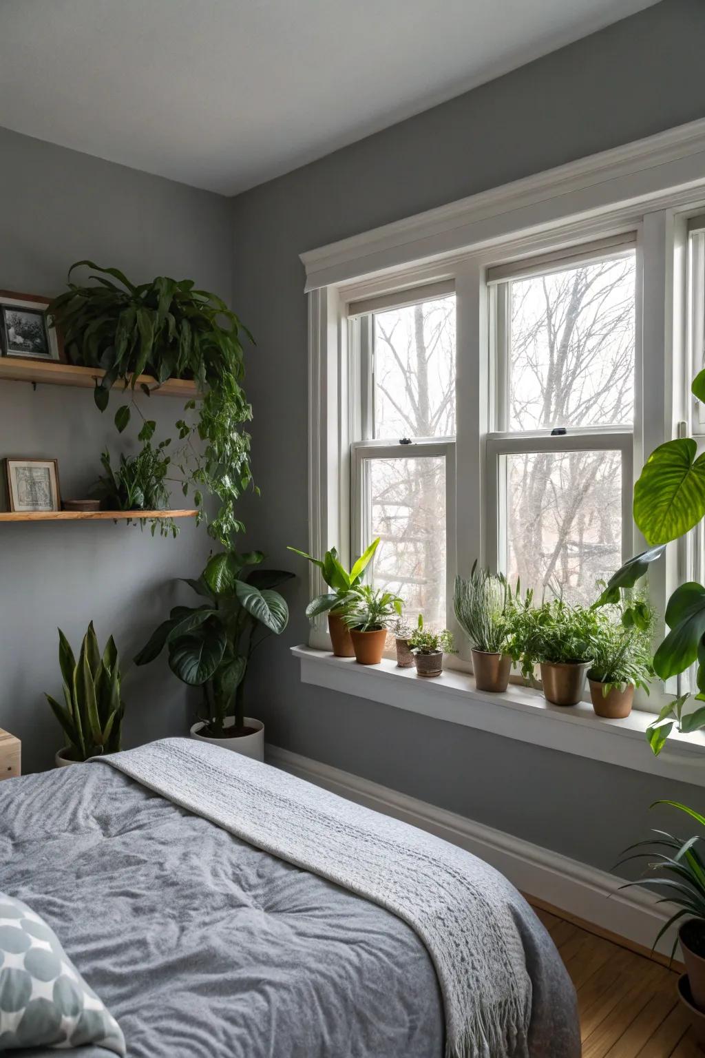 Indoor plants bring life to a grey bedroom.