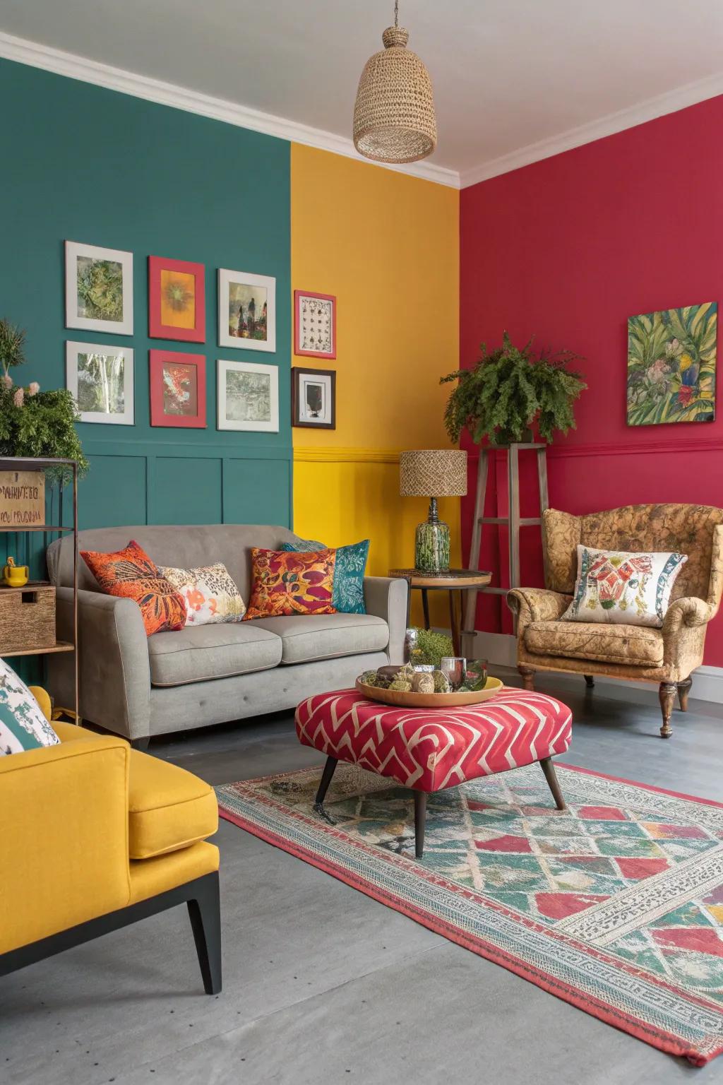 Grey flooring offers a perfect base for striking colors in this lively living room.
