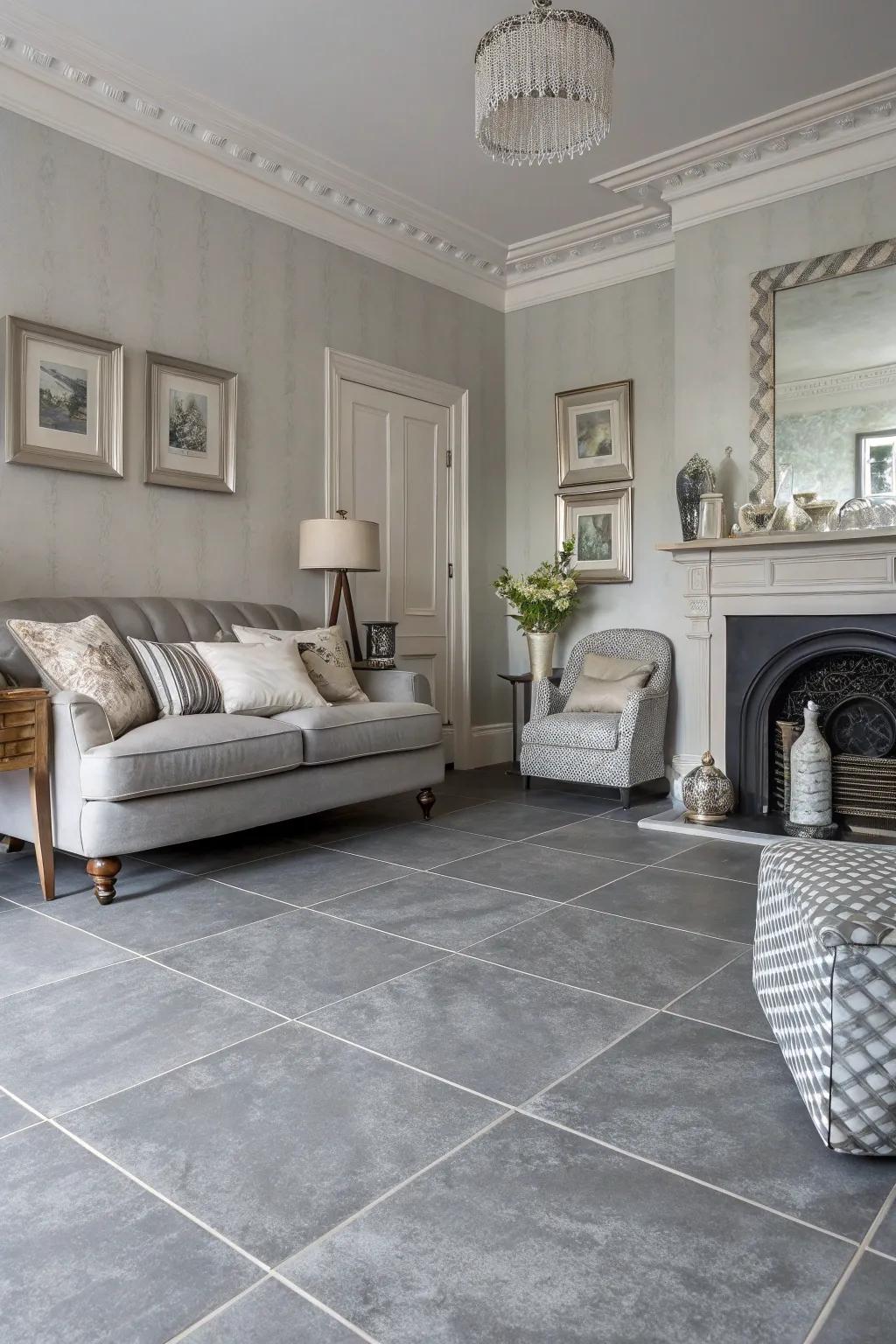 A monochrome palette brings harmony to grey flooring.
