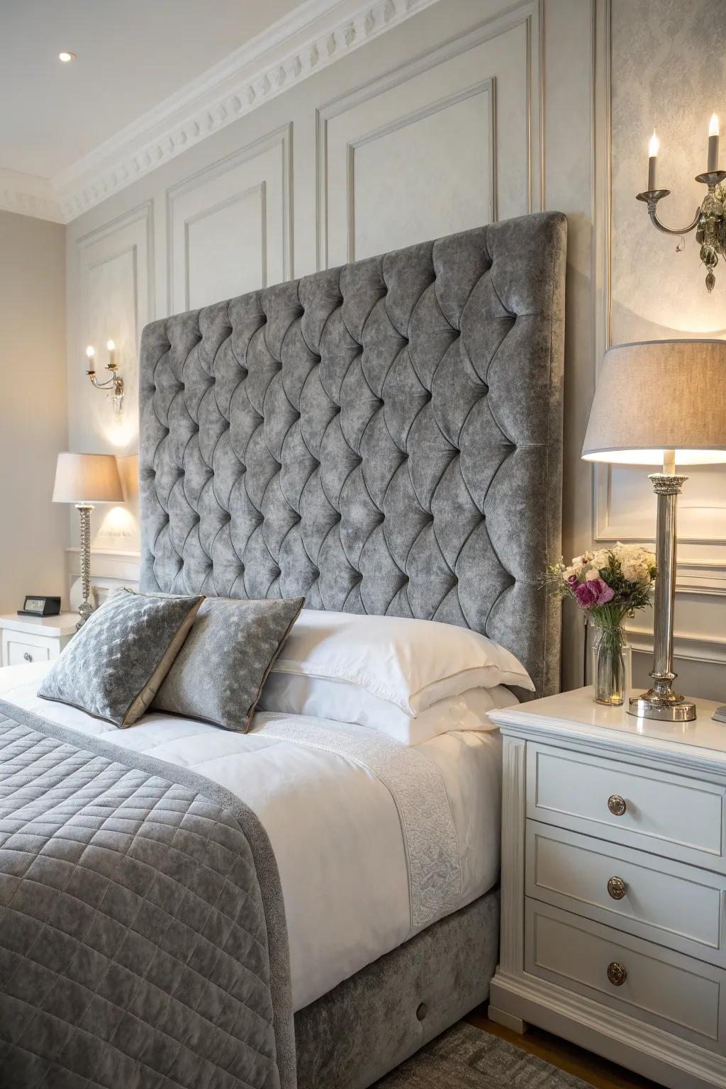 An upscale bedroom showcasing a grey button-tufted velvet headboard.