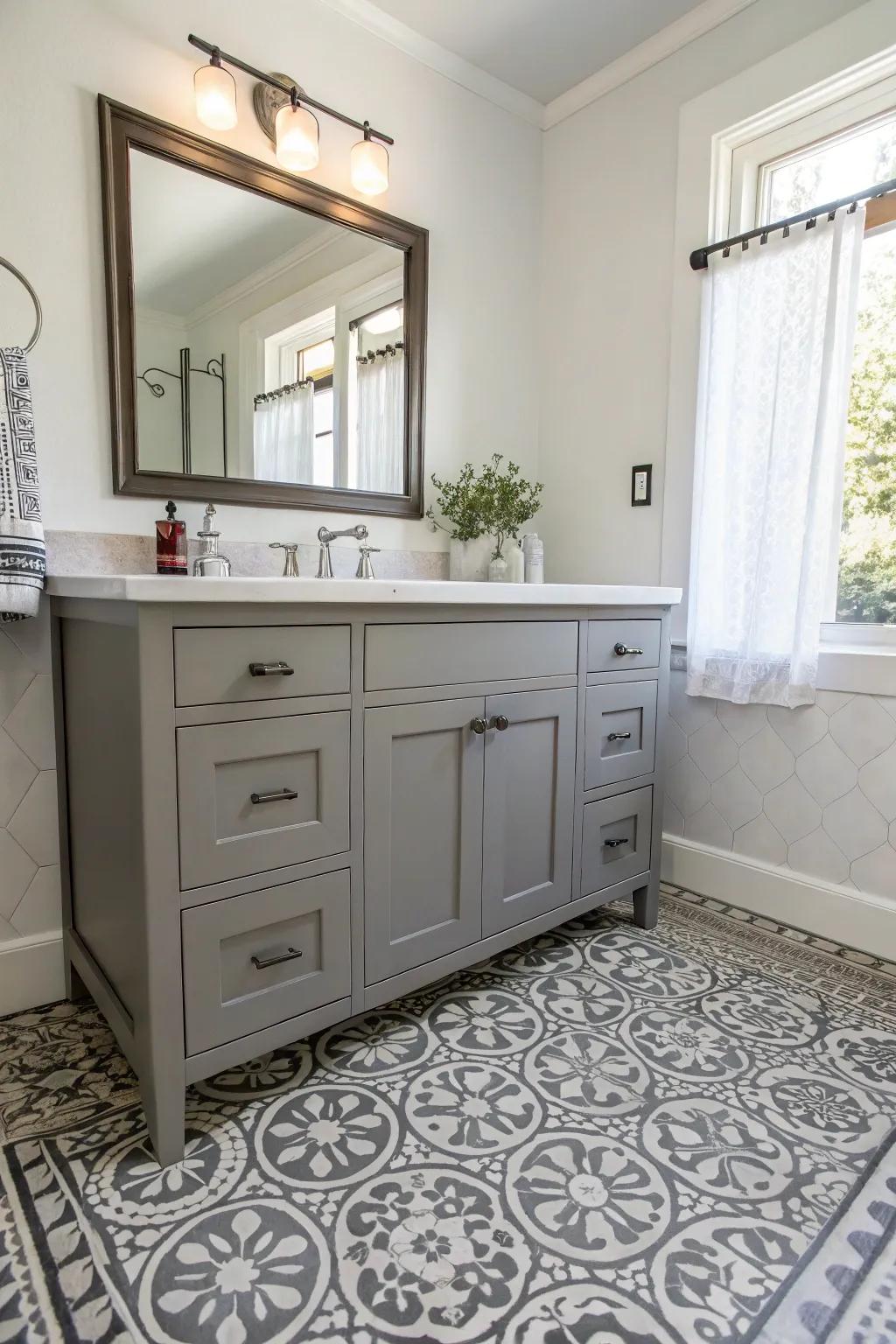 Patterned flooring introduces character and enhances the grey vanity.