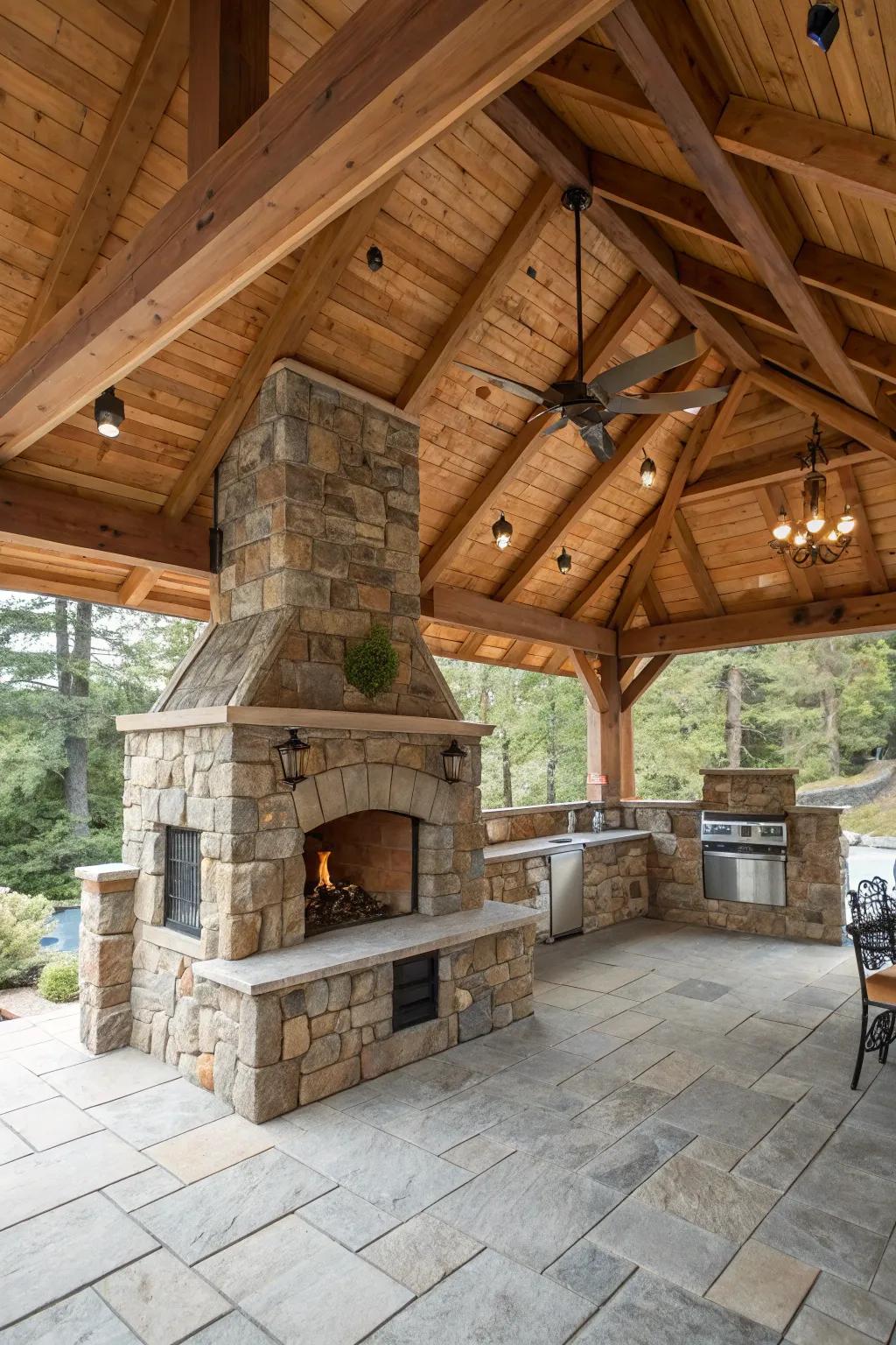A rustic stone pavilion marries charm with durability.