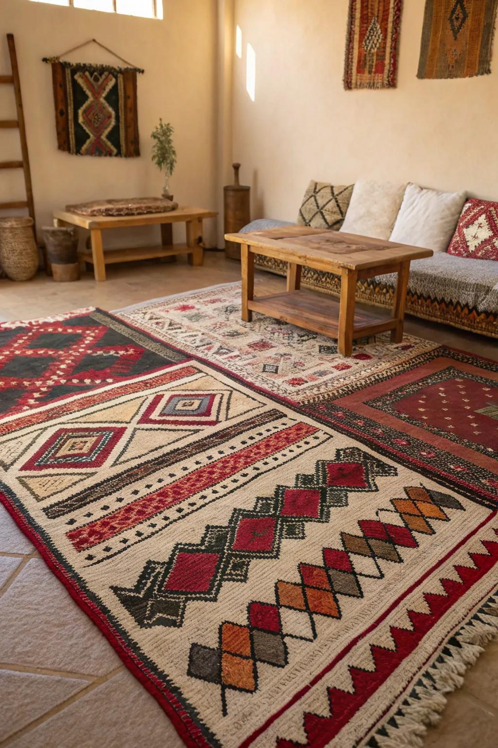 Layered rugs provide texture and visual appeal.