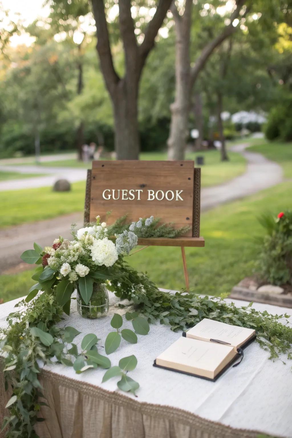 An outdoor sign-in area blends beautifully with nature.