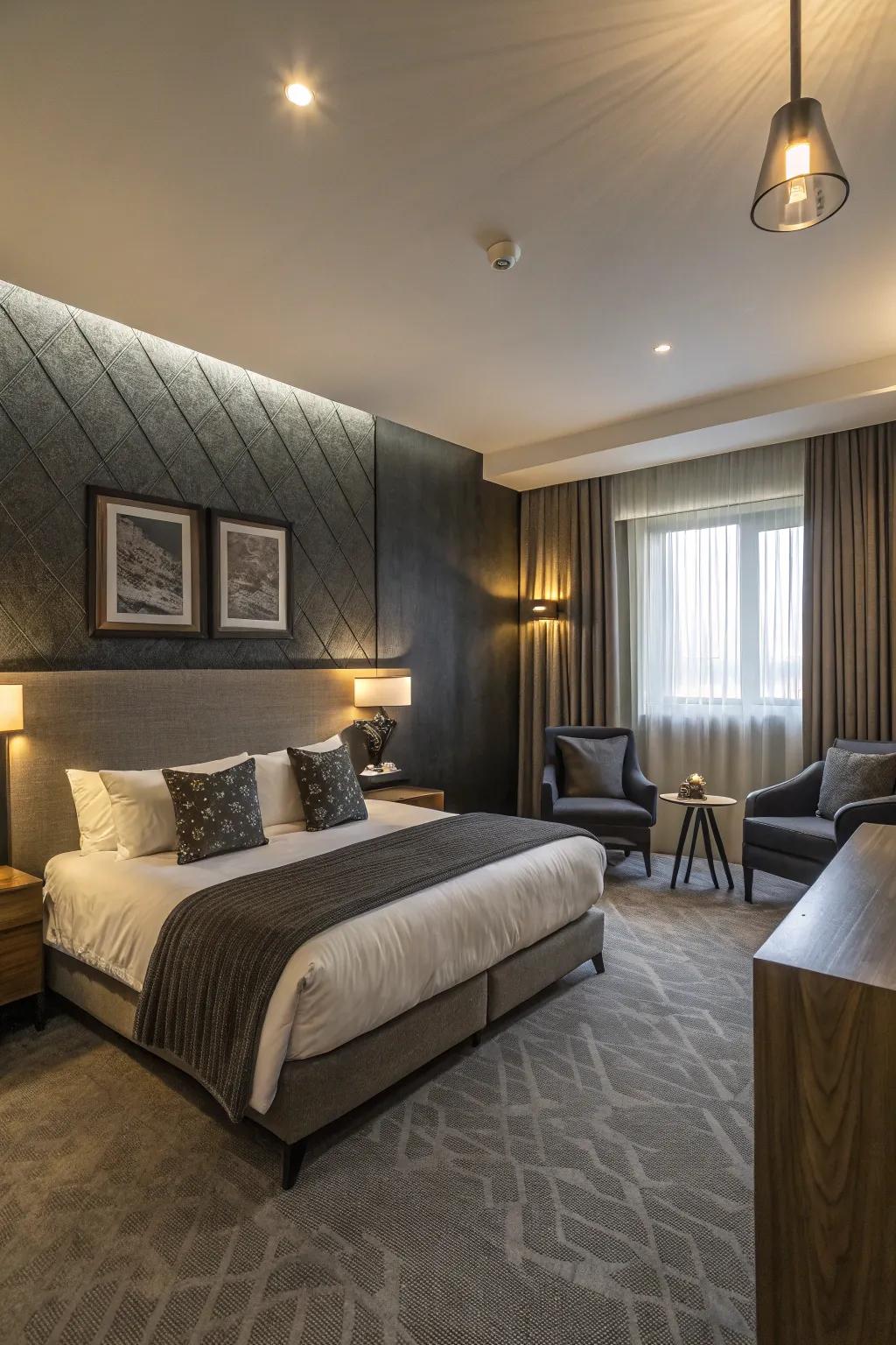A stylish guest room with bold charcoal contrasts.