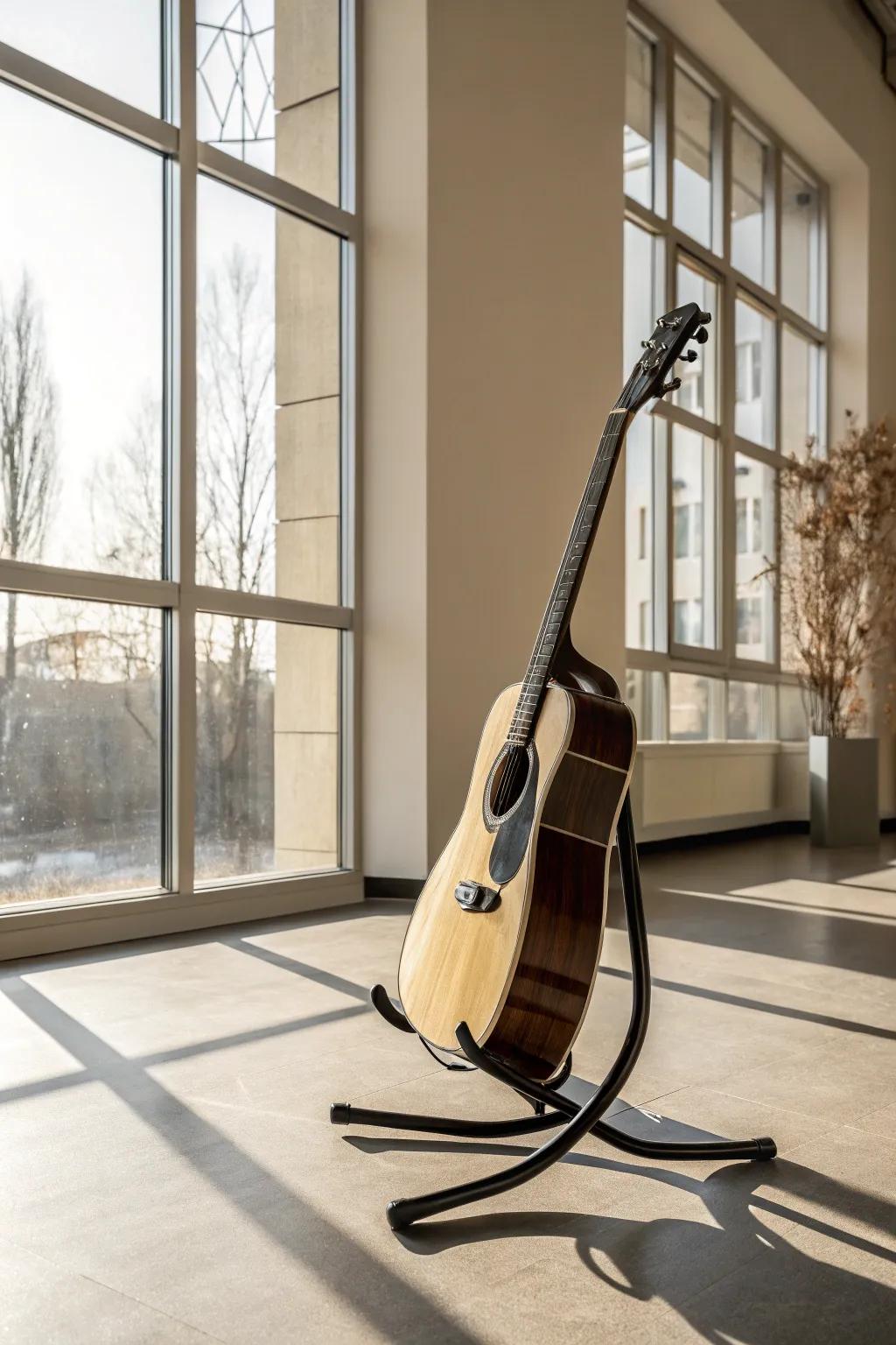Create a focal point with a unique guitar stand.
