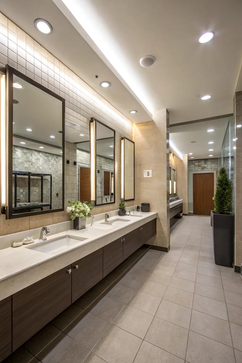 Mirrors and lighting enhance the sense of space in a hall bathroom.