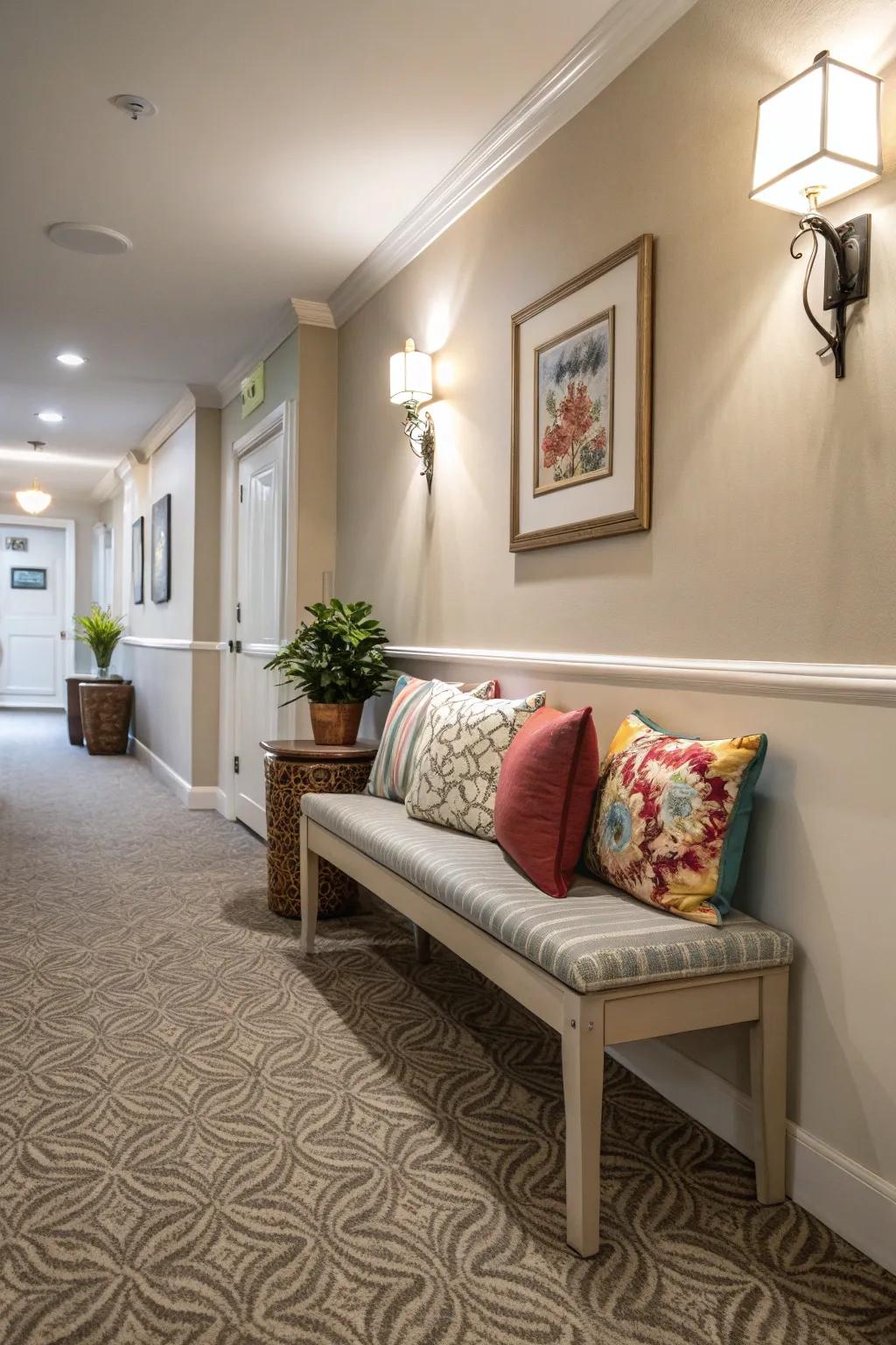 A seating nook adds a layer of comfort and style to your hallway.