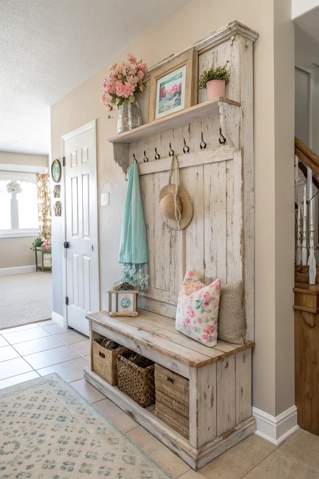 A hall tree of distressed wood adds vintage elegance.