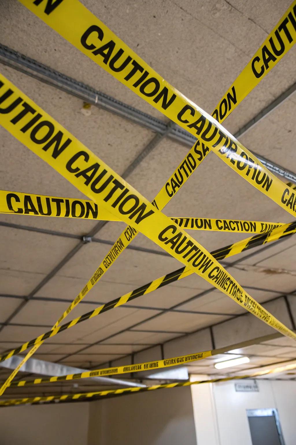 Warning ribbon hung from the ceiling creating a haunting ambiance.