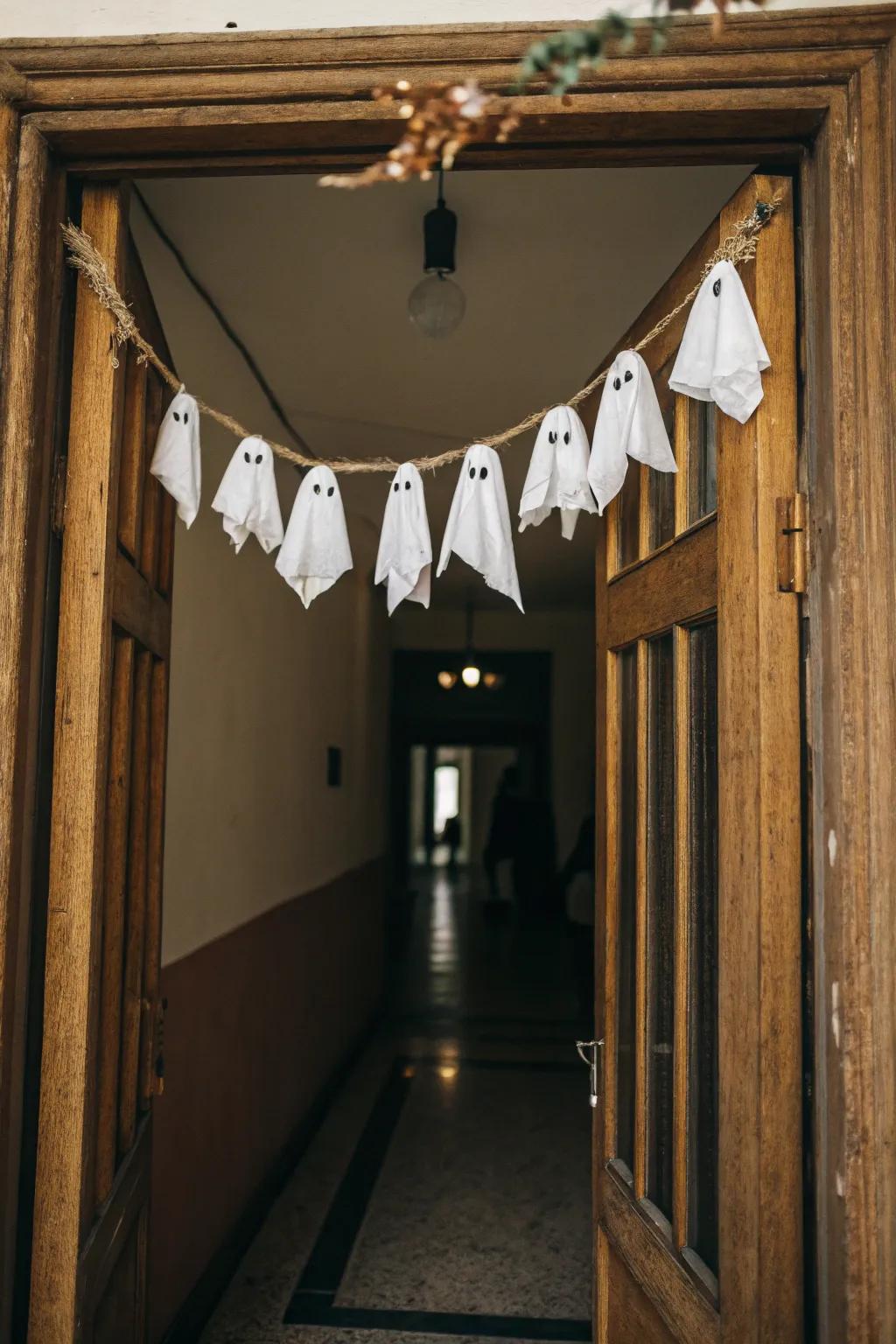 A ghostly garland casts a gentle eeriness at your entrance.