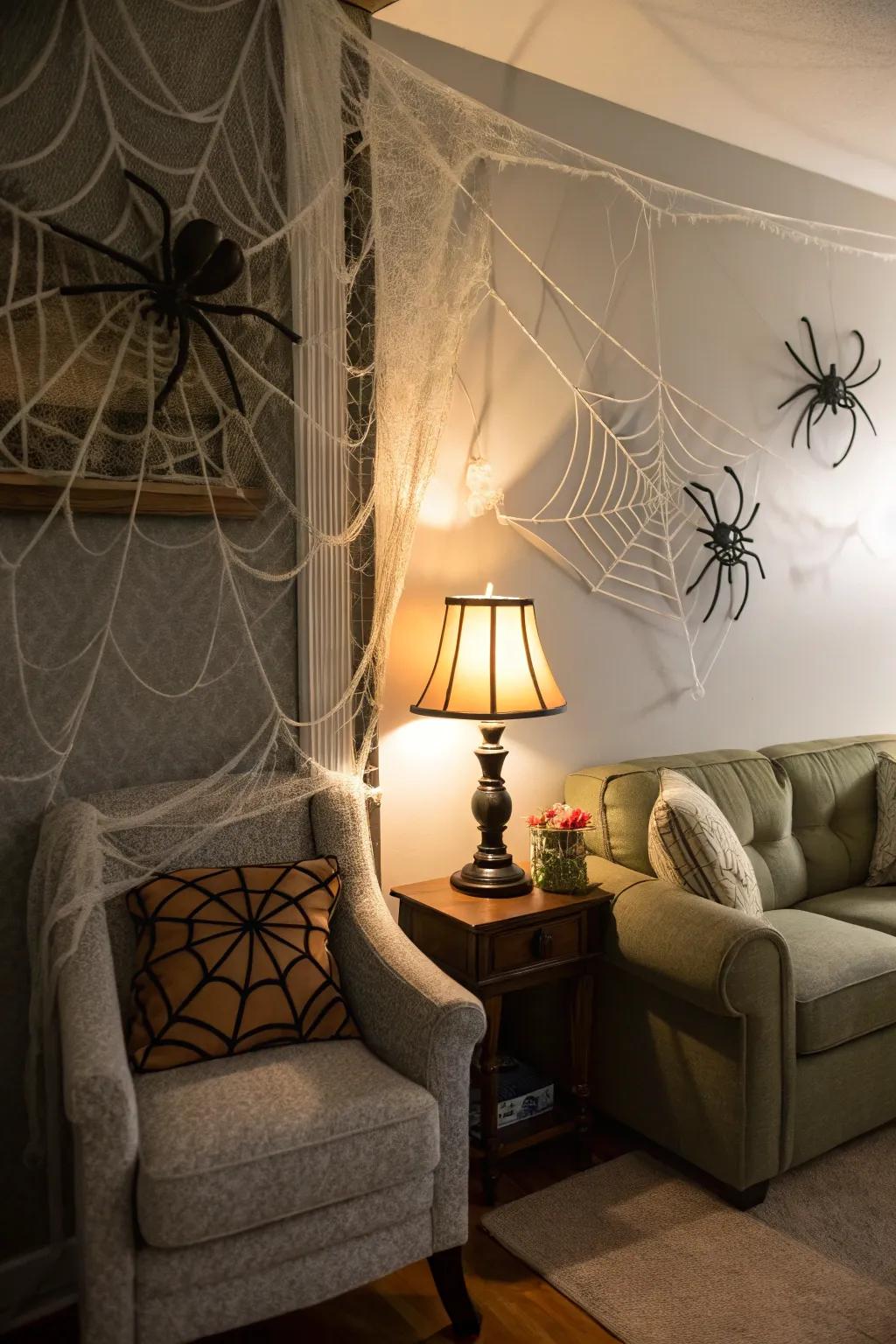 Spider webs transform ordinary corners into spooky scenes.