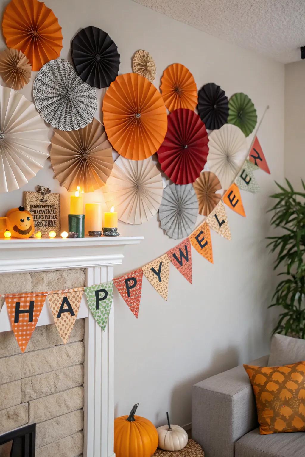 A photo backdrop with paper fans and banners captures memorable moments